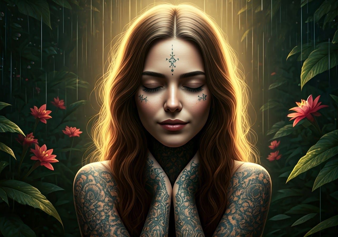 Ethereal Woman with Tattoos in Intaglio Style