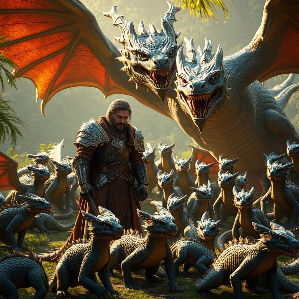Epic Dragon-Human Family Portrait in Vibrant Fantasy Landsca...