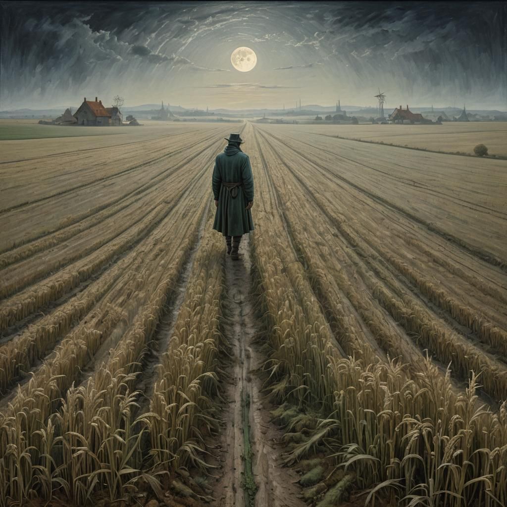 Figure at Crossroads in Moonlit Barley Field