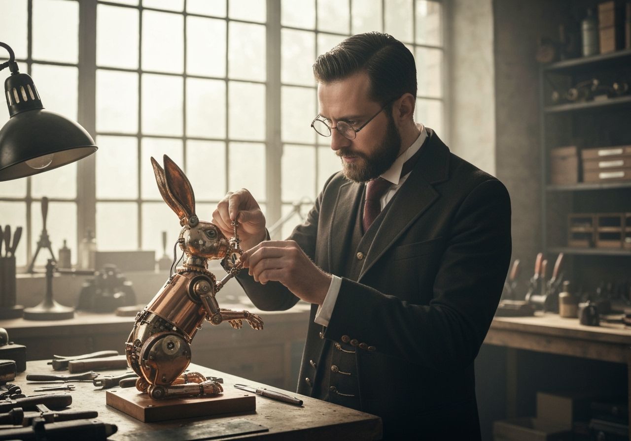Victorian Steampunk Scientist and Rabbit Automaton