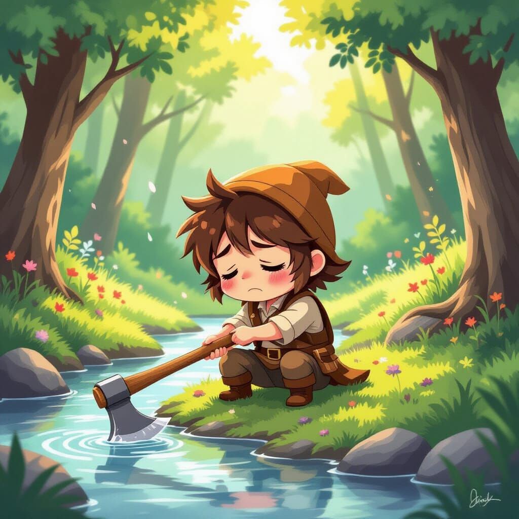 Chibi Woodsman Loses Axe by Stream, Weeping