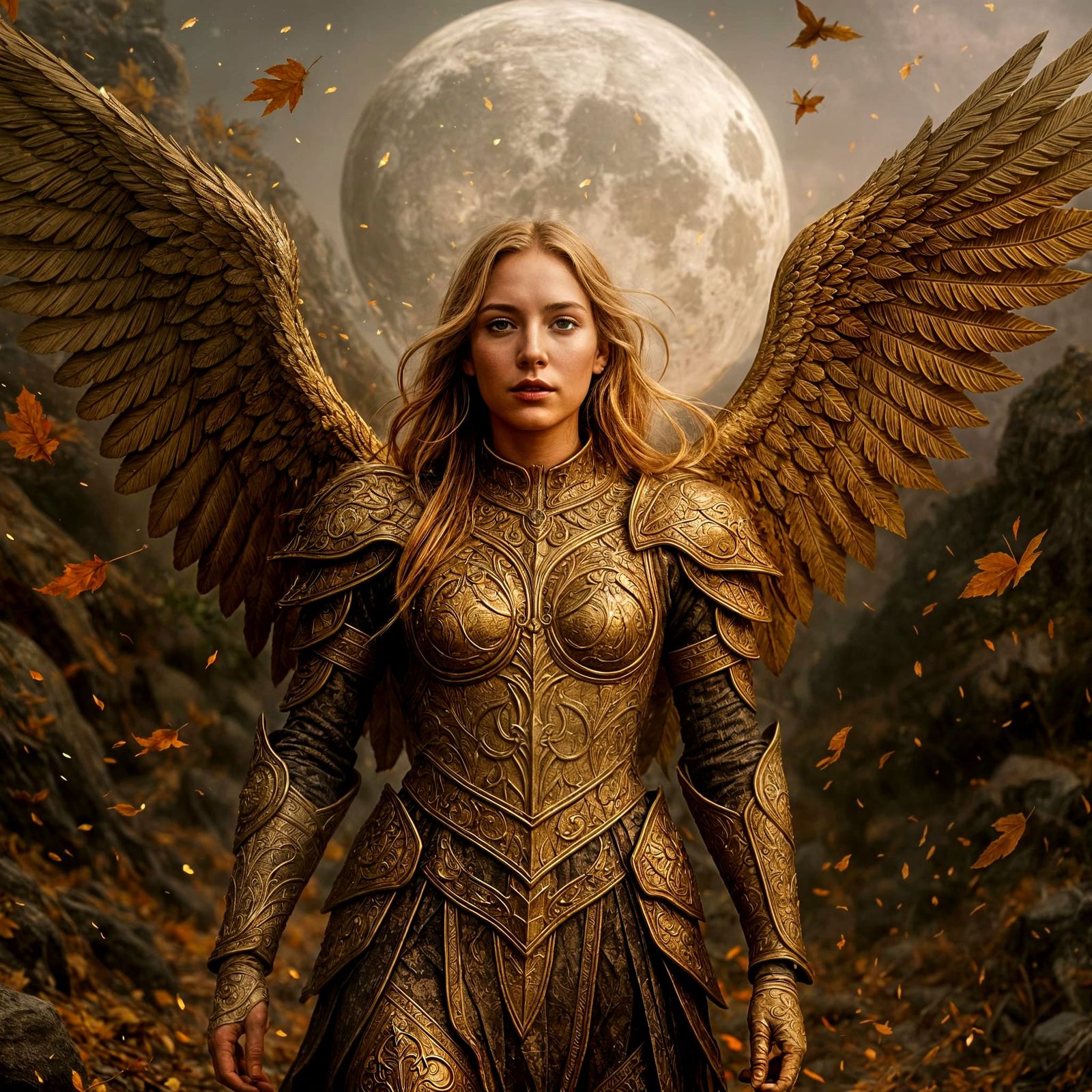 Winged Woman in Golden Armor Under Moonlit Sky