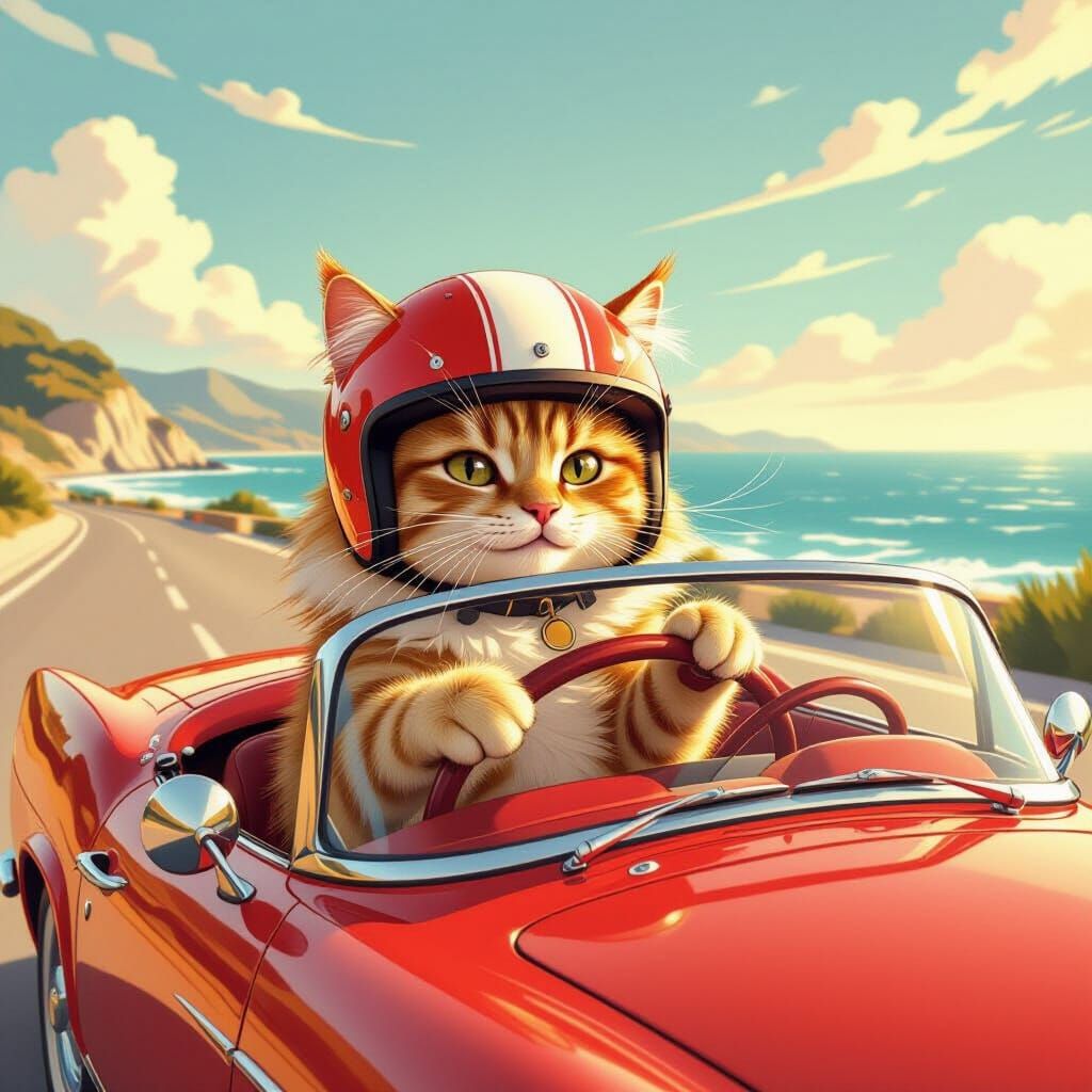 Ginger Cat Driver in Classic Convertible