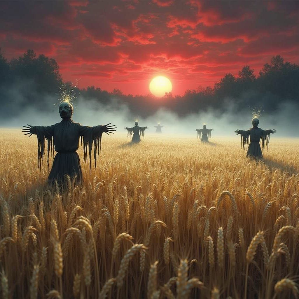 Eerie Wheat Field at Sunset with Terrifying Scarecrows