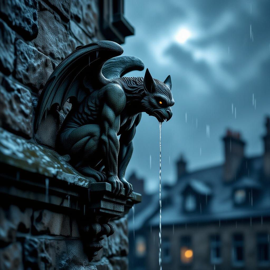 Ancient Stone Gargoyle in Heavy Rain