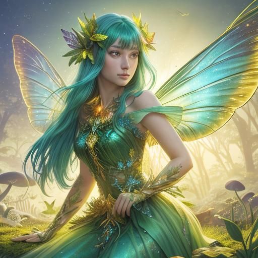 Green Fairy on Mushroom in Hyper-Realistic Vivid Art