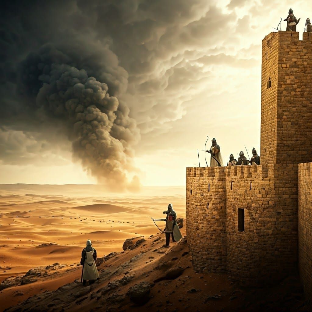 Crusader Knights Guarding Castle in Syrian Desert