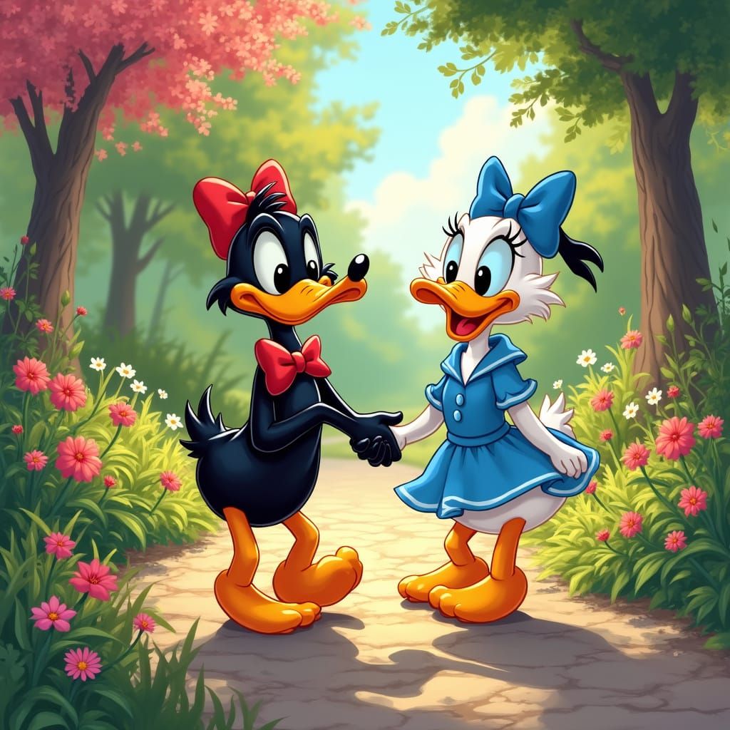 Daffy Duck and Daisy Duck in Whimsical Cartoon Park Setting