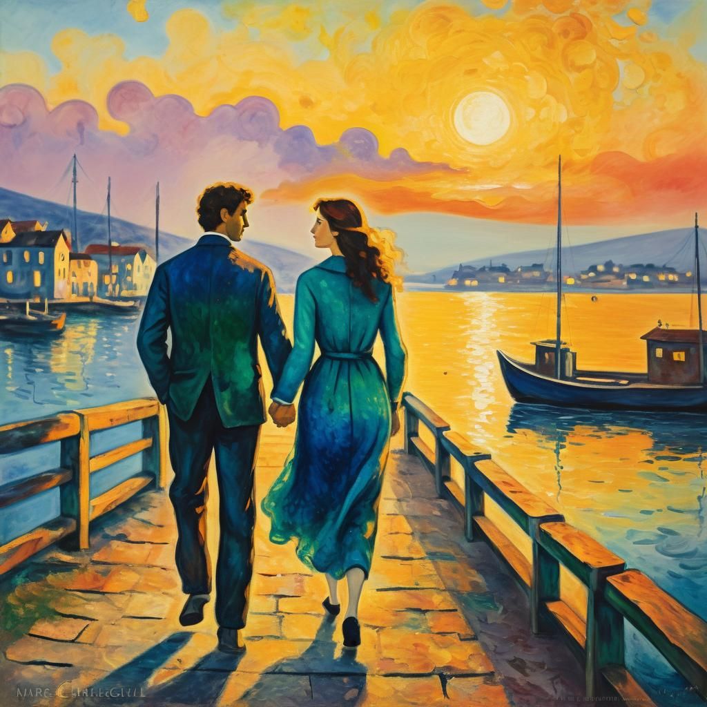 Loving Couple at Sunset, in Chagall Style