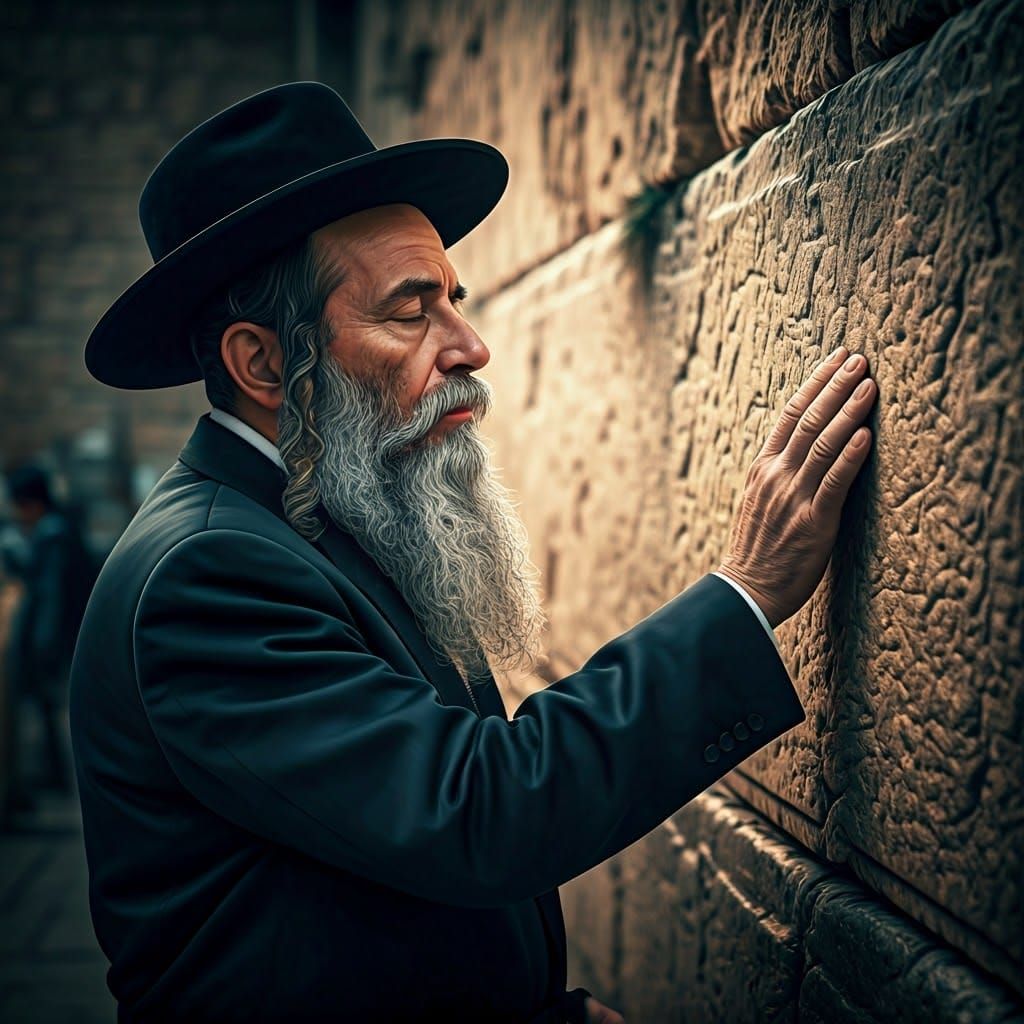 Hasidic Man in Contemplative Reverence at Western Wall