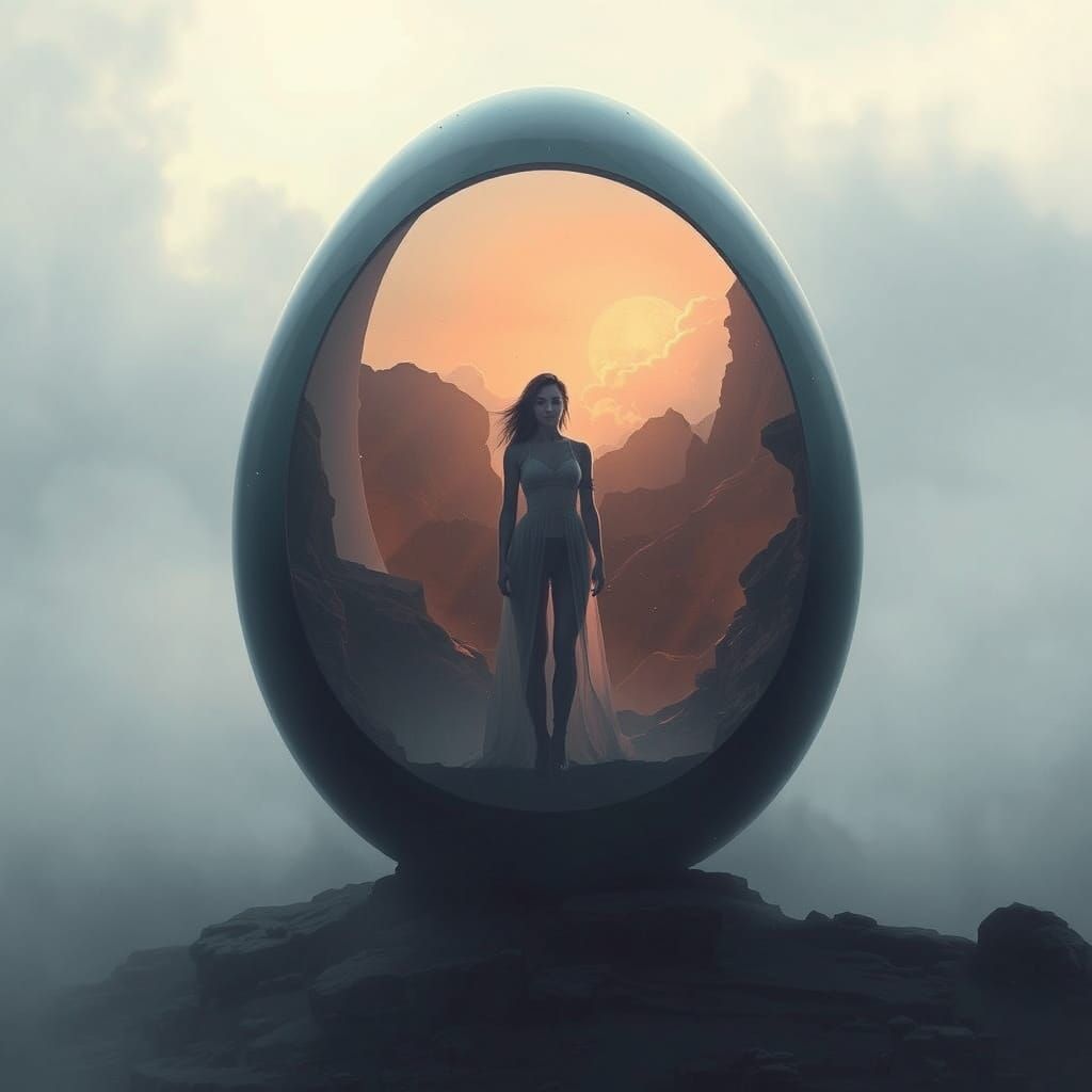 Woman in Egg Amidst Misty Landscape