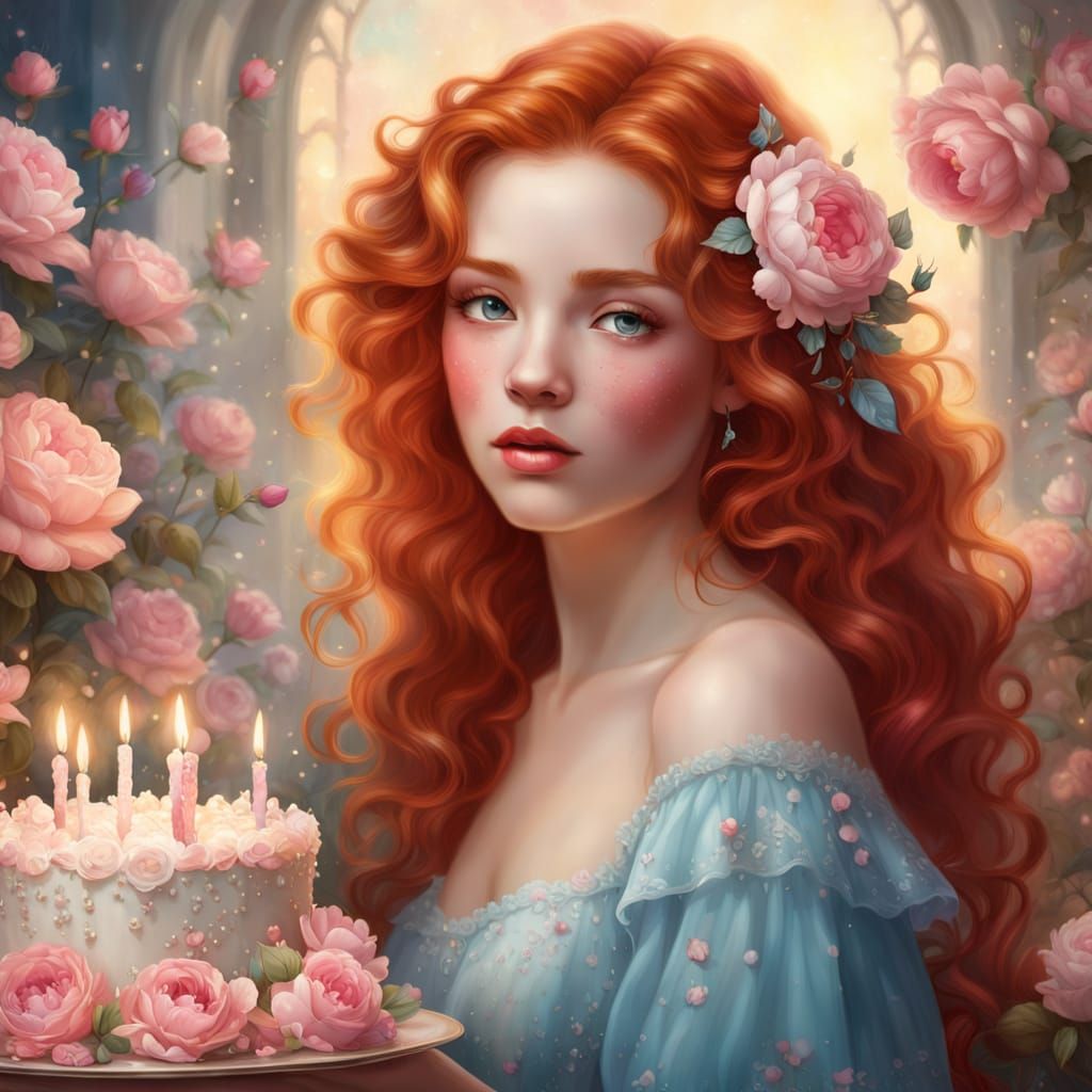 Whimsical Redhead in a Fantastical Garden Scene