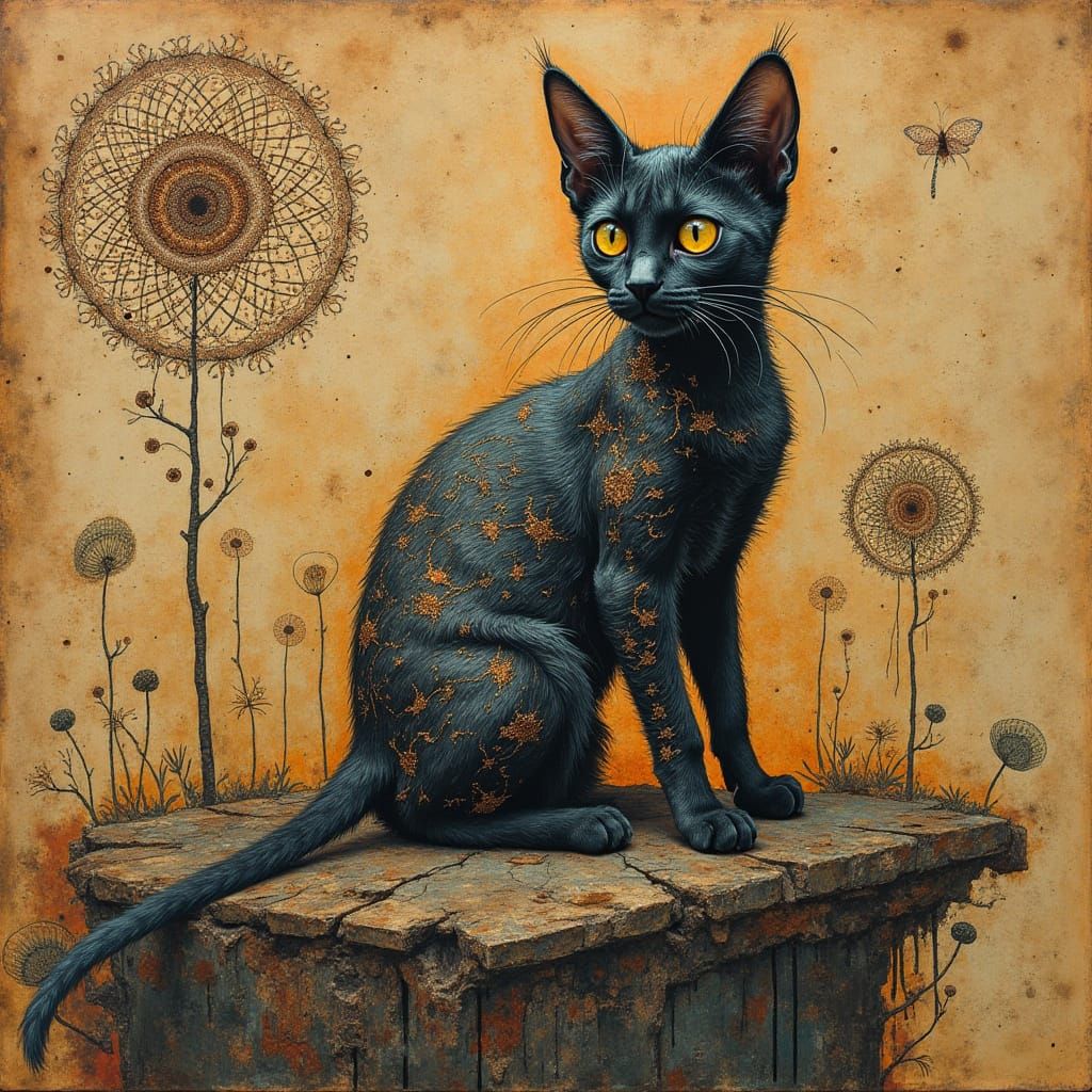 Kitten Amidst Surreal Ruins and Zentangle Patterns