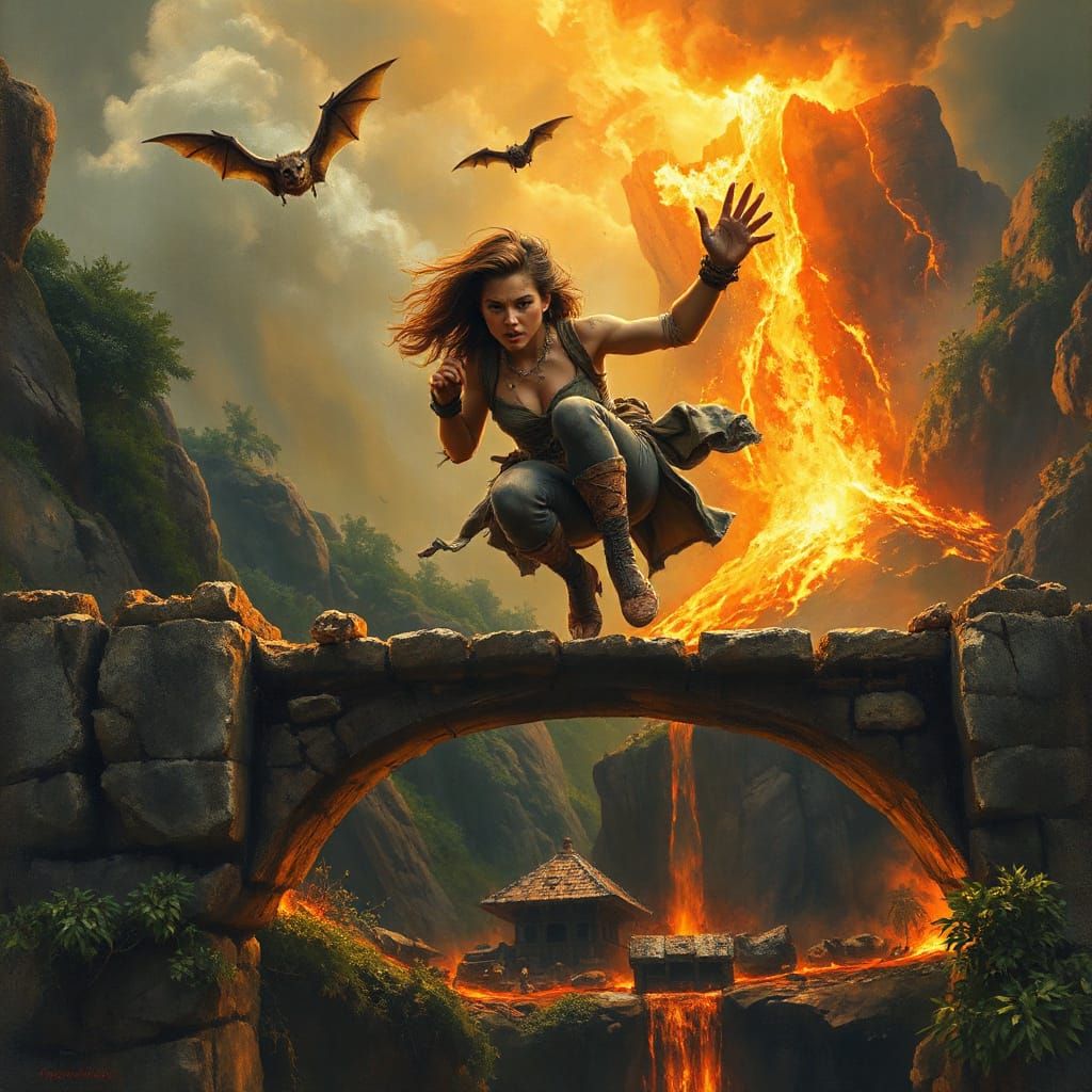 Adventurer's Leap from Burning Temple, Oil Painting