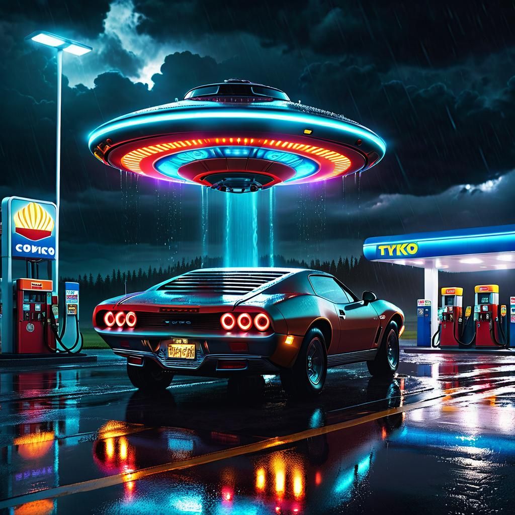 UFO Refuels at Gas Station on Rainy Night