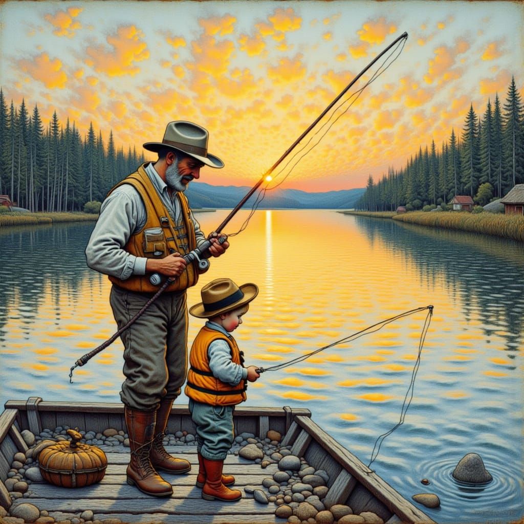 Father and Son Fishing at Sunrise in Rockwell Style
