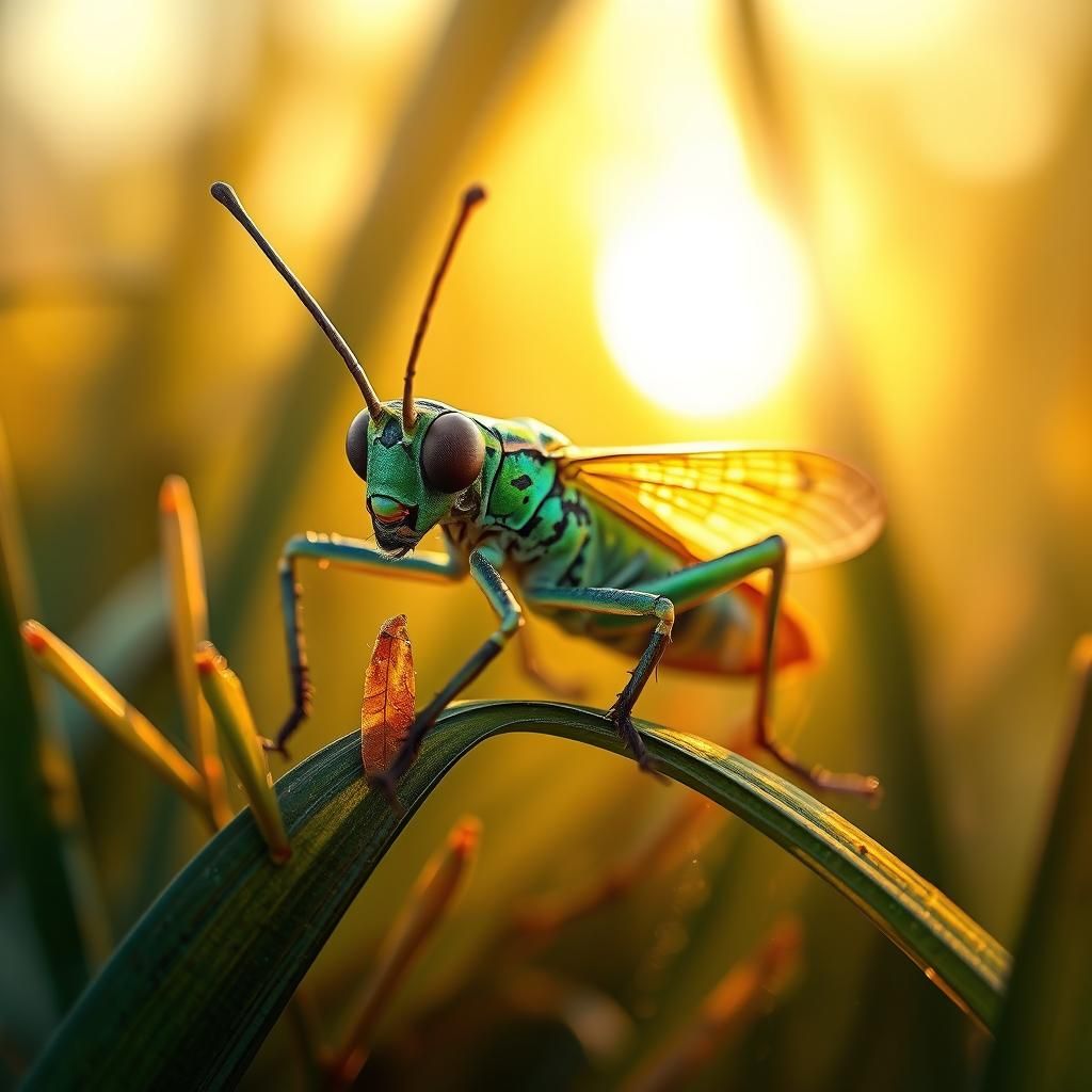 Hyperrealistic Grasshopper with Iridescent Wings in 8k