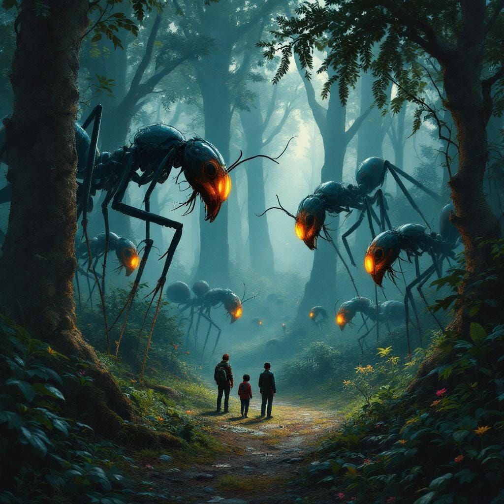 Giant Ants Observe Tiny Men in Dreamy Forest