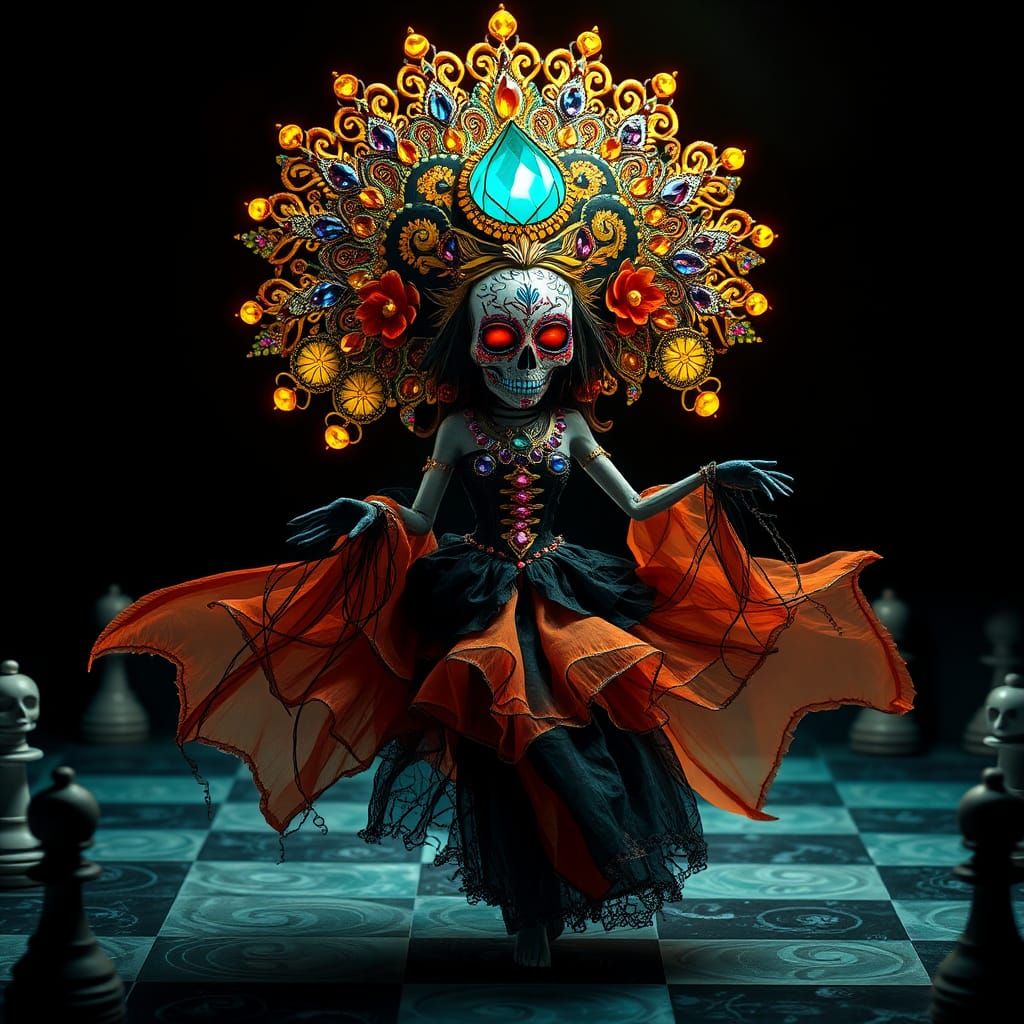 Sugar Skull Woman Dancing on Chess Board