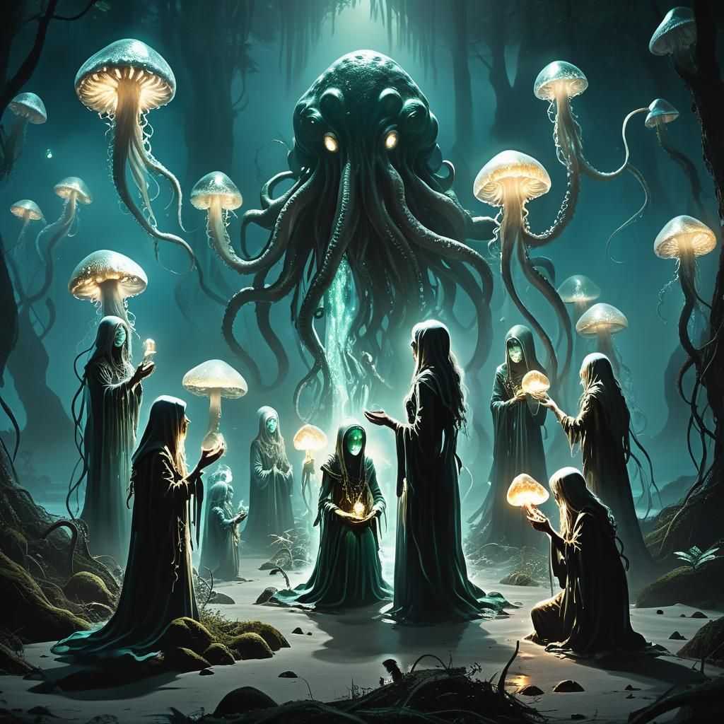 Lovecraftian Horror: Tentacled Women in Misty Forest