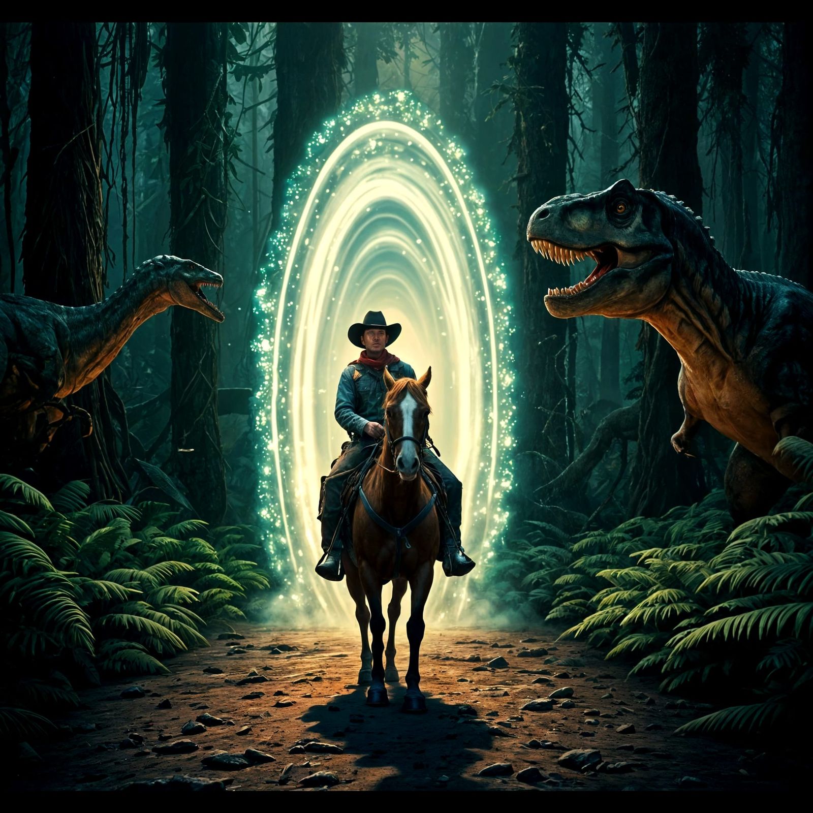 Cowboy Rides Through Portal to Prehistoric Jungle