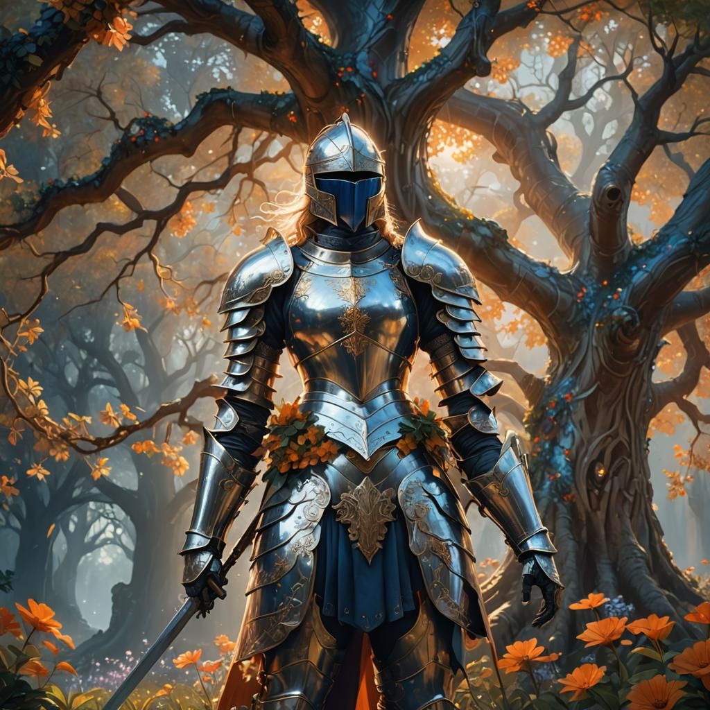 Female Knight Stands Proudly Before Ancient Tree