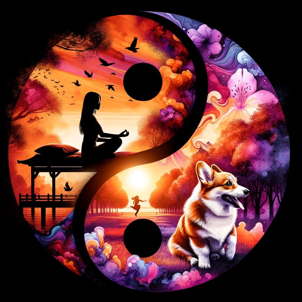 Yin Yang: Girl and Corgi in Alcohol Ink Style
