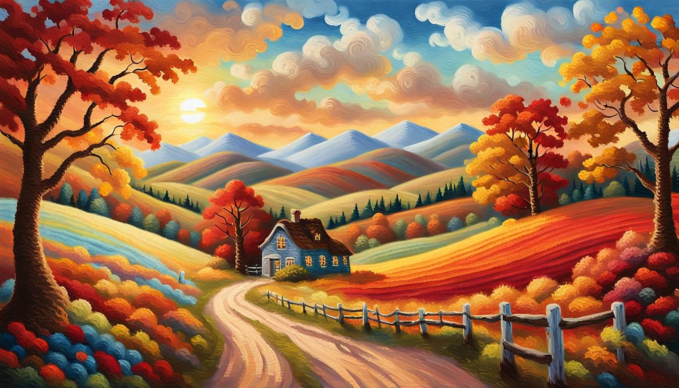 Crochet-Style Autumn Landscape in Oil Painting Style