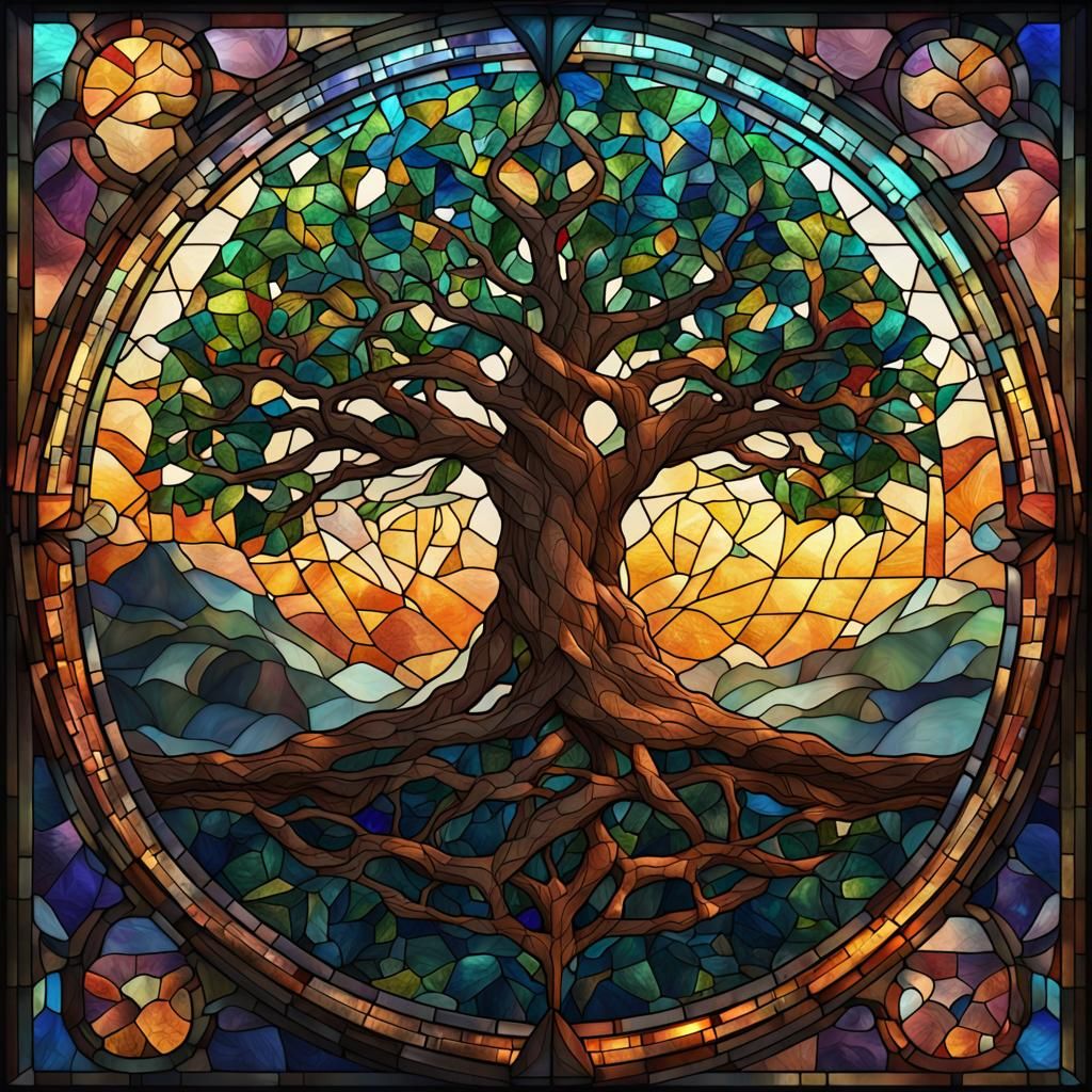 Geometric Stained Glass Tree of Life Art