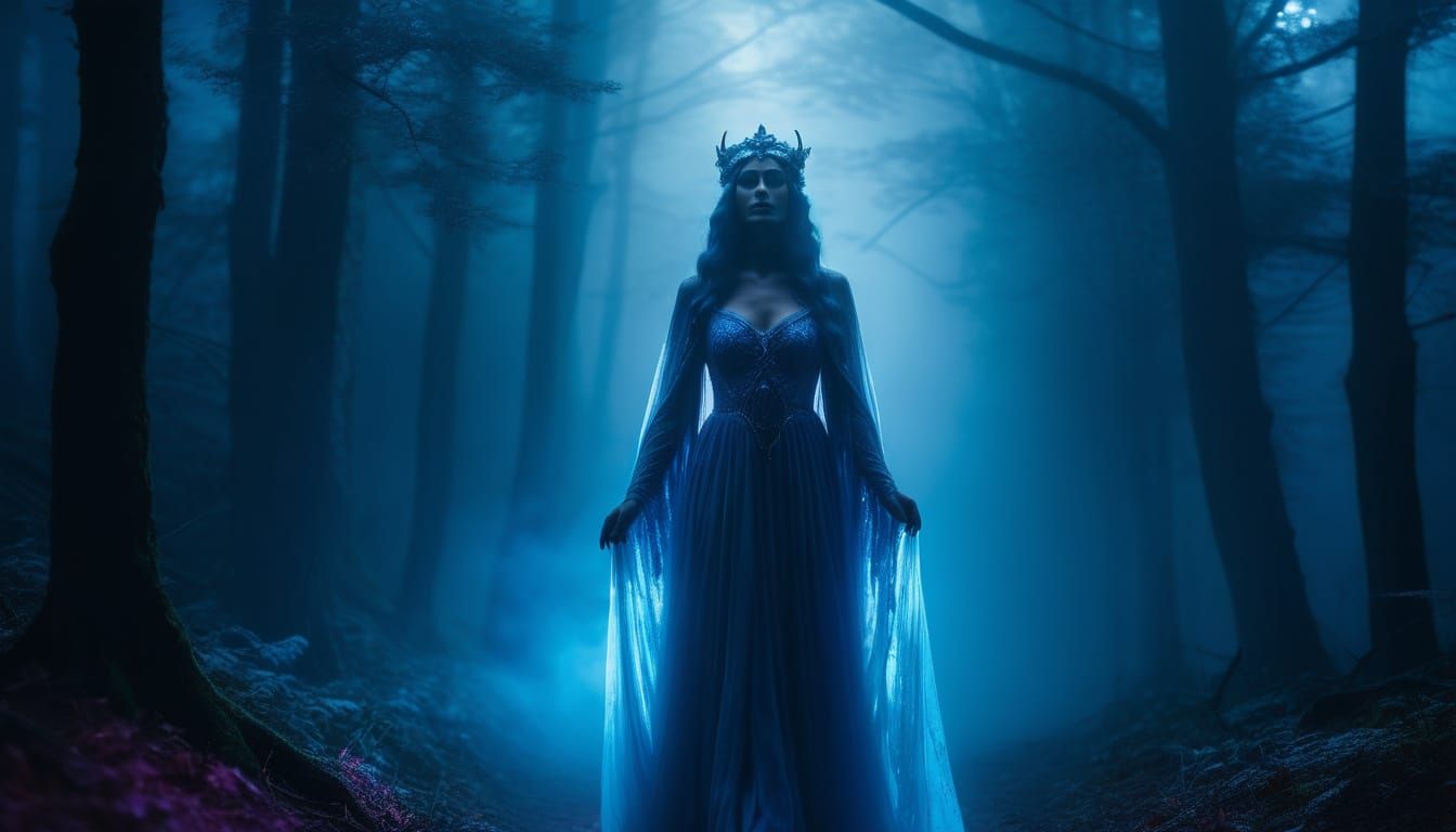 Ghostly Goddess in Misty Forest: Dark Fantasy Art