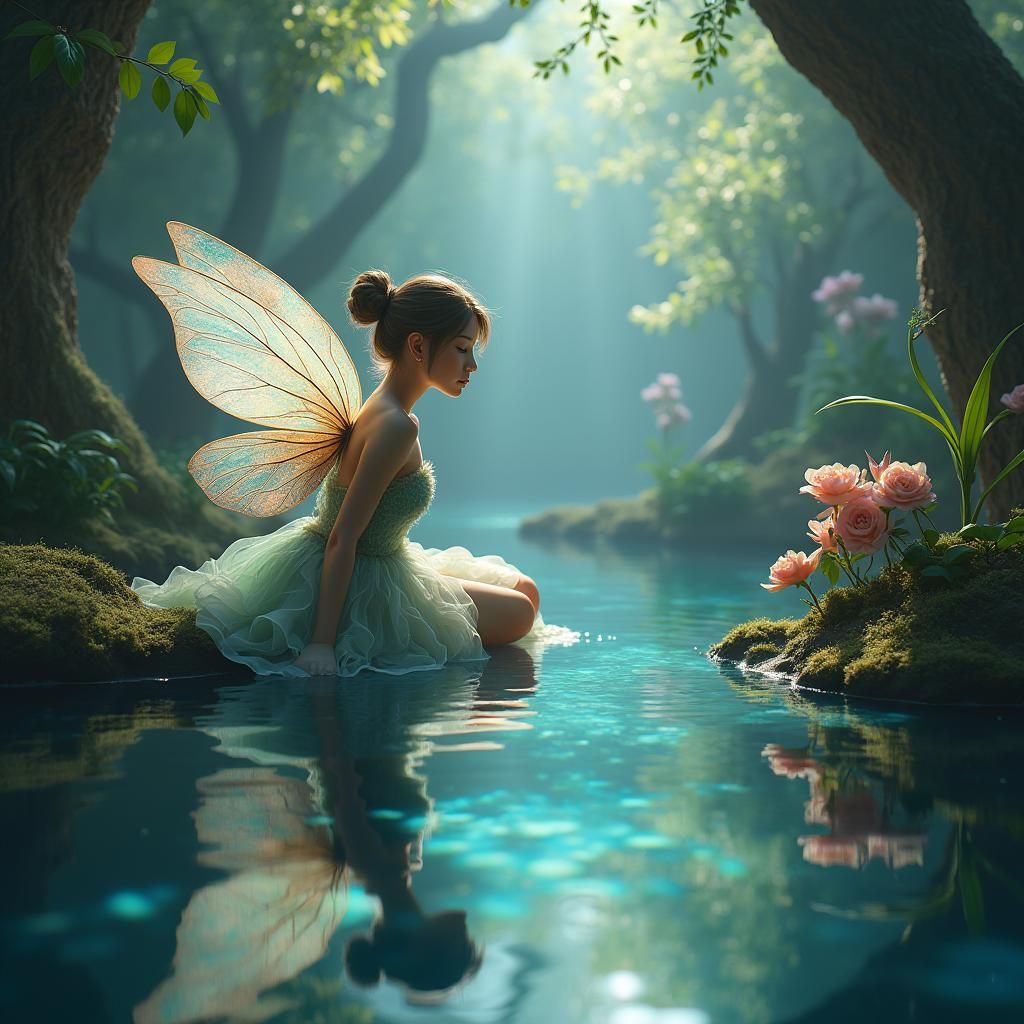 Ethereal Fairy Gazing at Reflection: Matte Painting