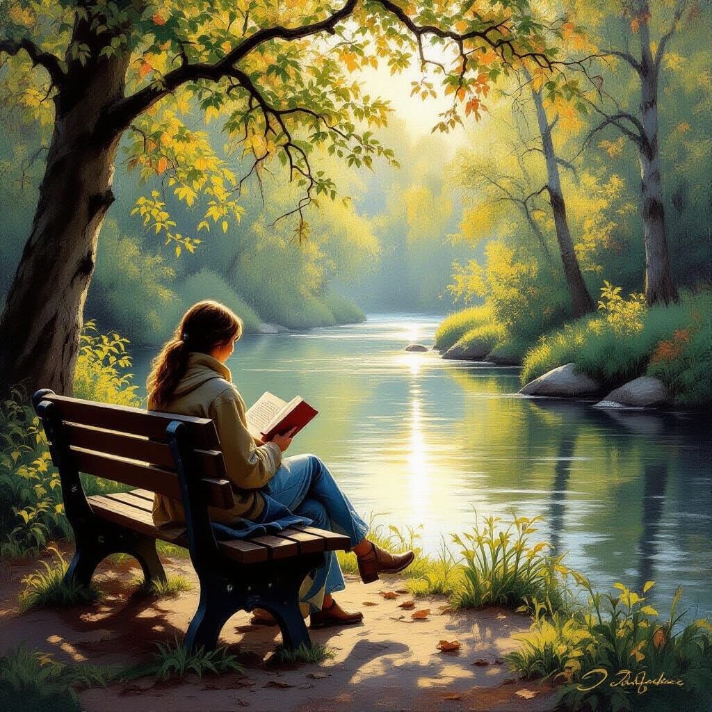 Peaceful Woodland River Scene with Person Reading
