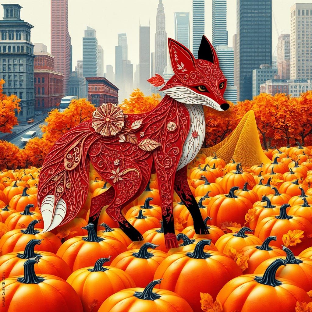 Autumn Fox Paper Collage in Fractal Landscape