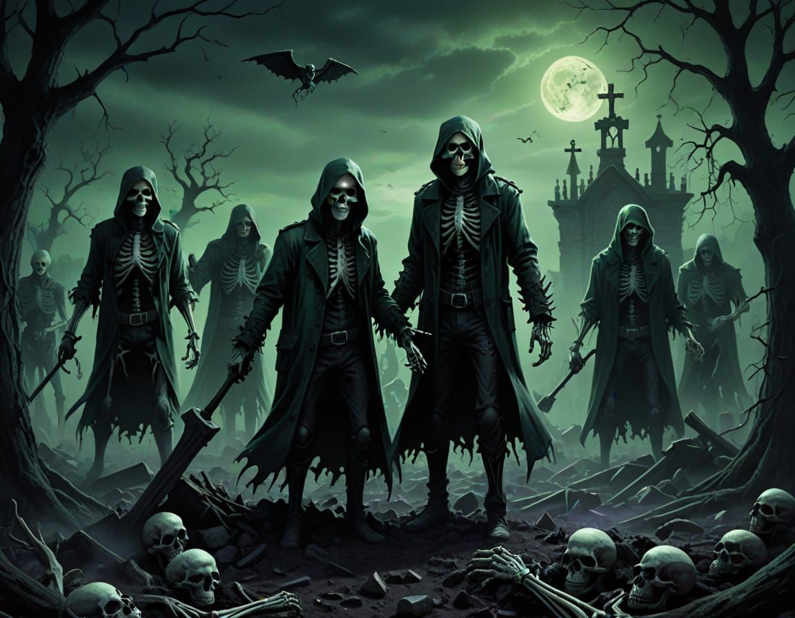 Skeletons Digging Up from Graveyard in Eerie Volumetric Ligh...