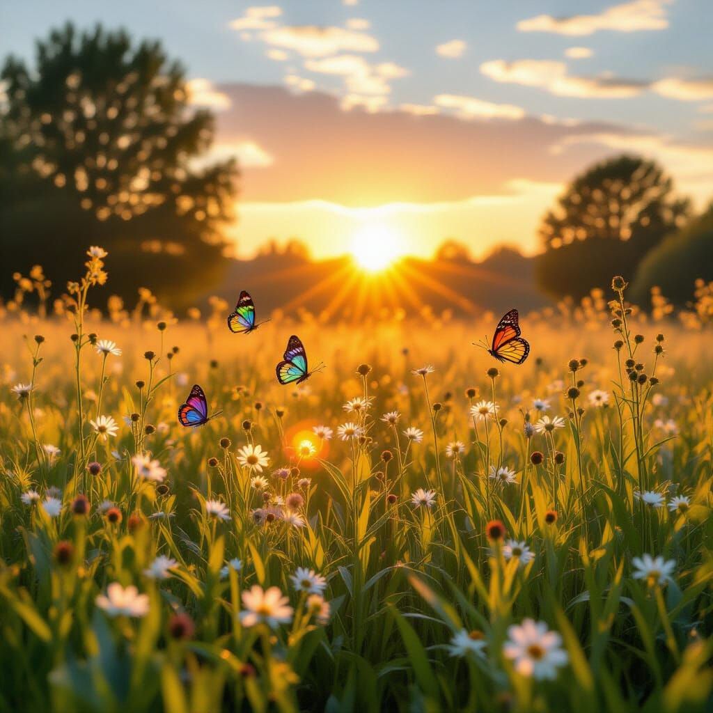 Hopeful Sunrise Over Misty Meadow with Butterflies