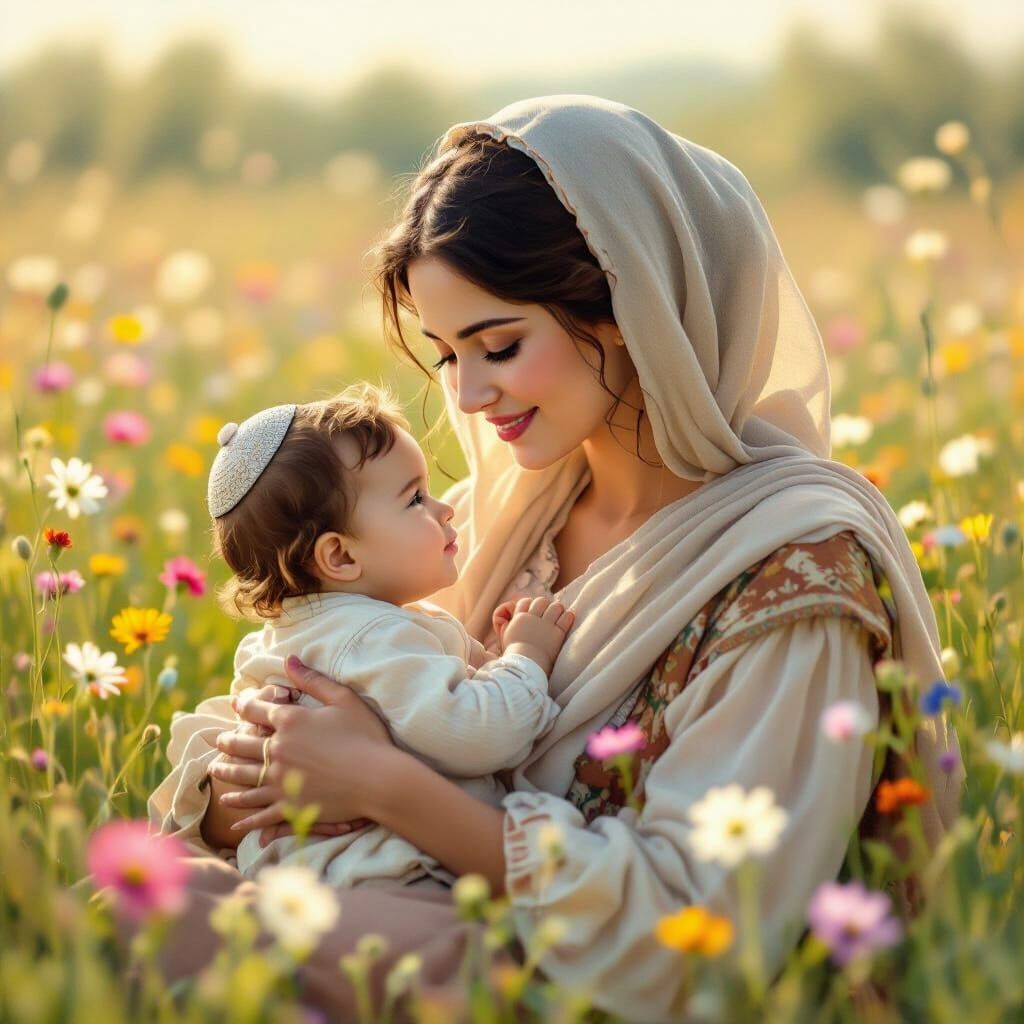 Mother and Child in Field of Flowers: Digital Art