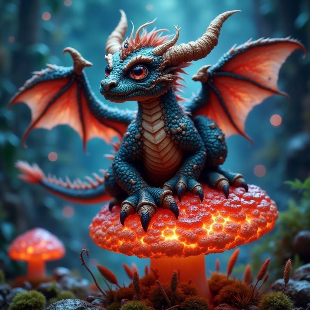 Epic Fantasy Chibi Dragon Amidst Bioluminescent Fungi