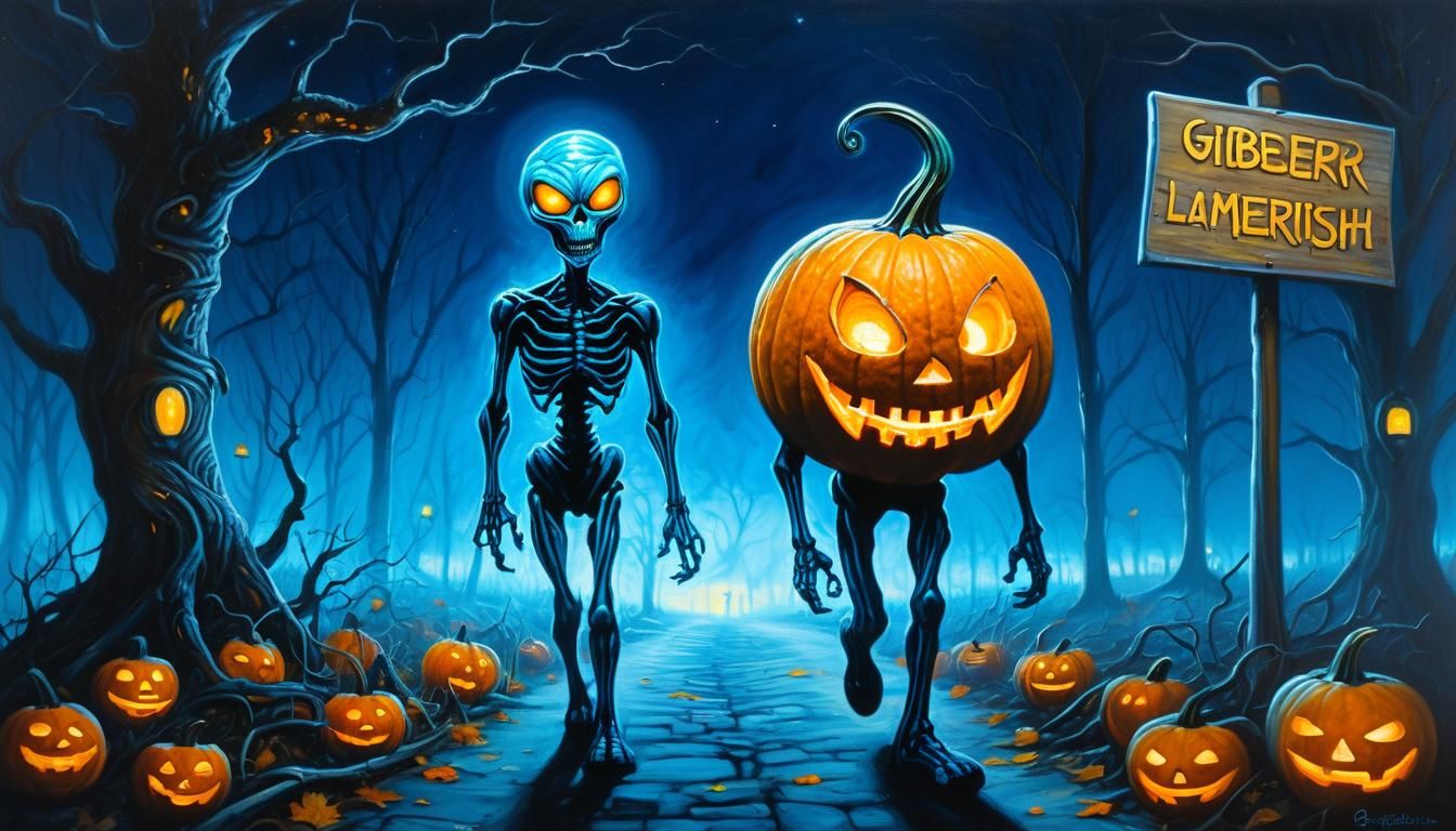 Alien Jack-o'-Lantern in Surreal Oil Painting