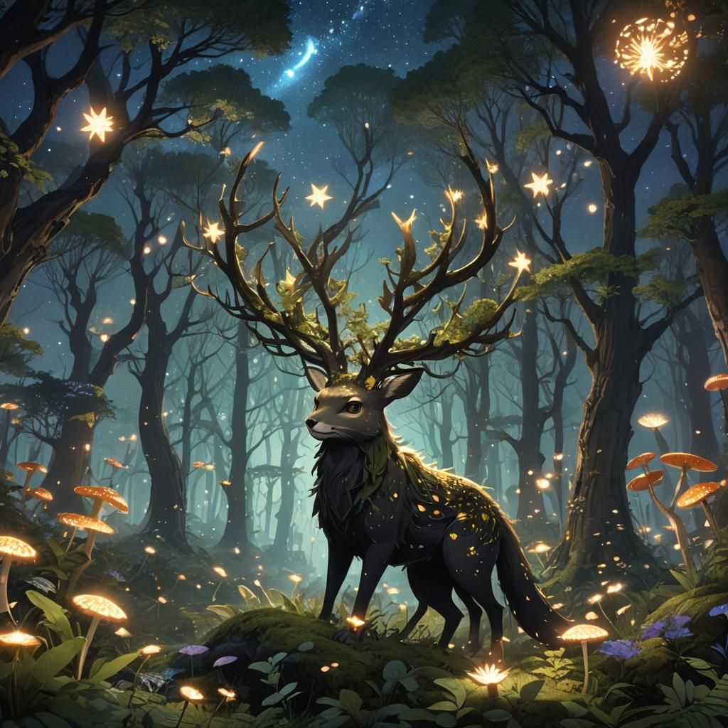 Bioluminescent Forest Under Starry Sky in 3D Anime Style