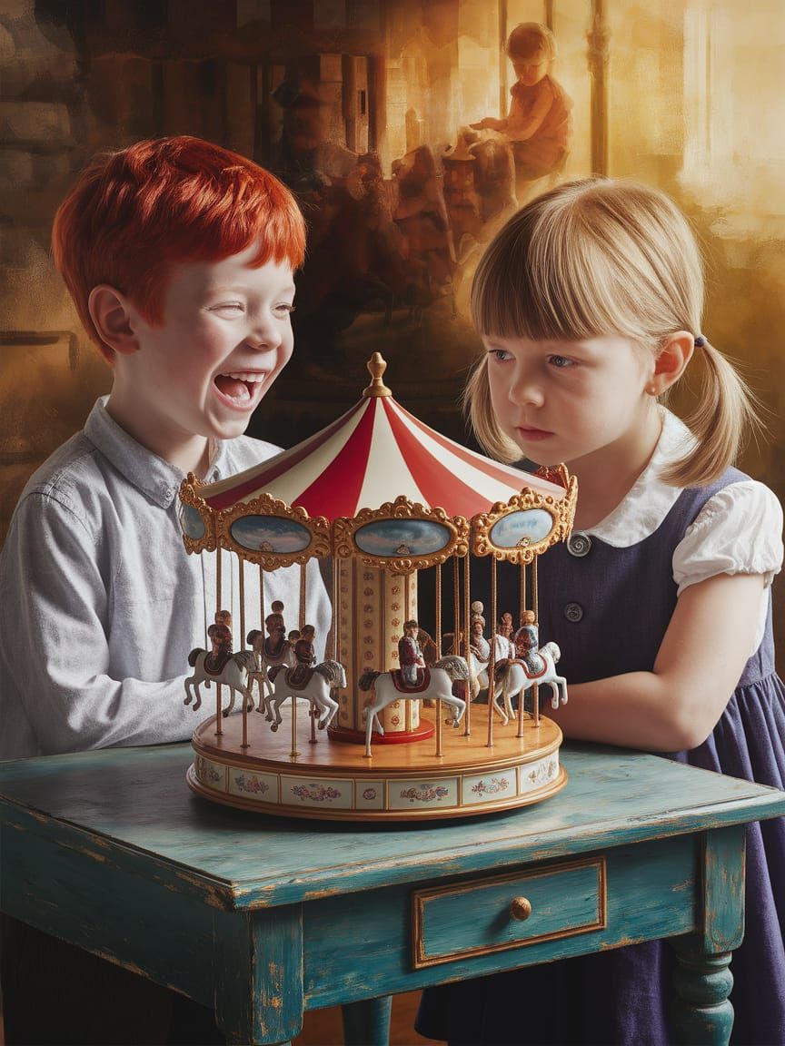 Children Watch Carousel in Double Exposure Effect