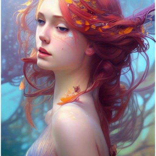 Autumn Fairy Mermaid Portrait in Art Nouveau Style