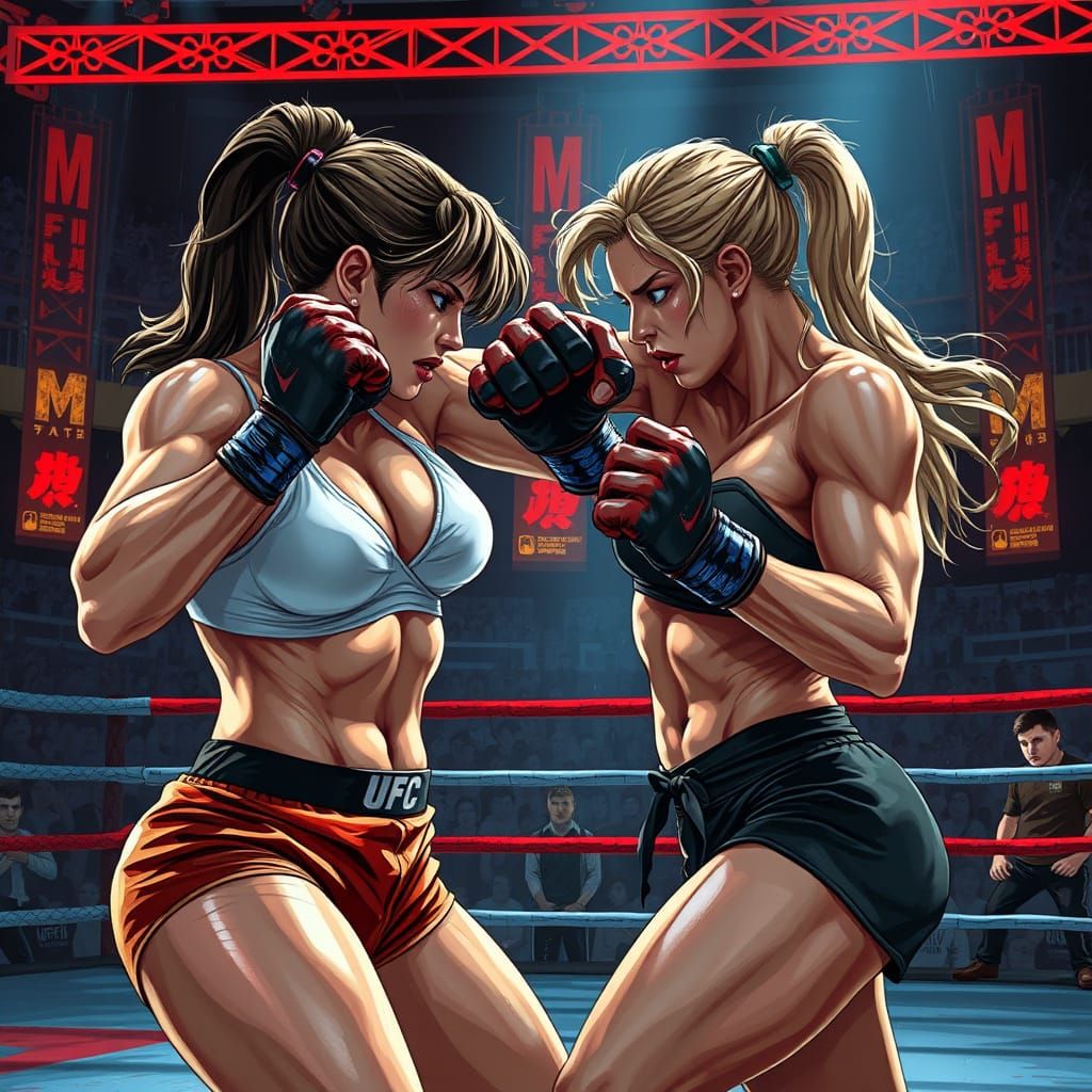 Intense MMA Fight in Neon Arena, Hyper-Realistic Style