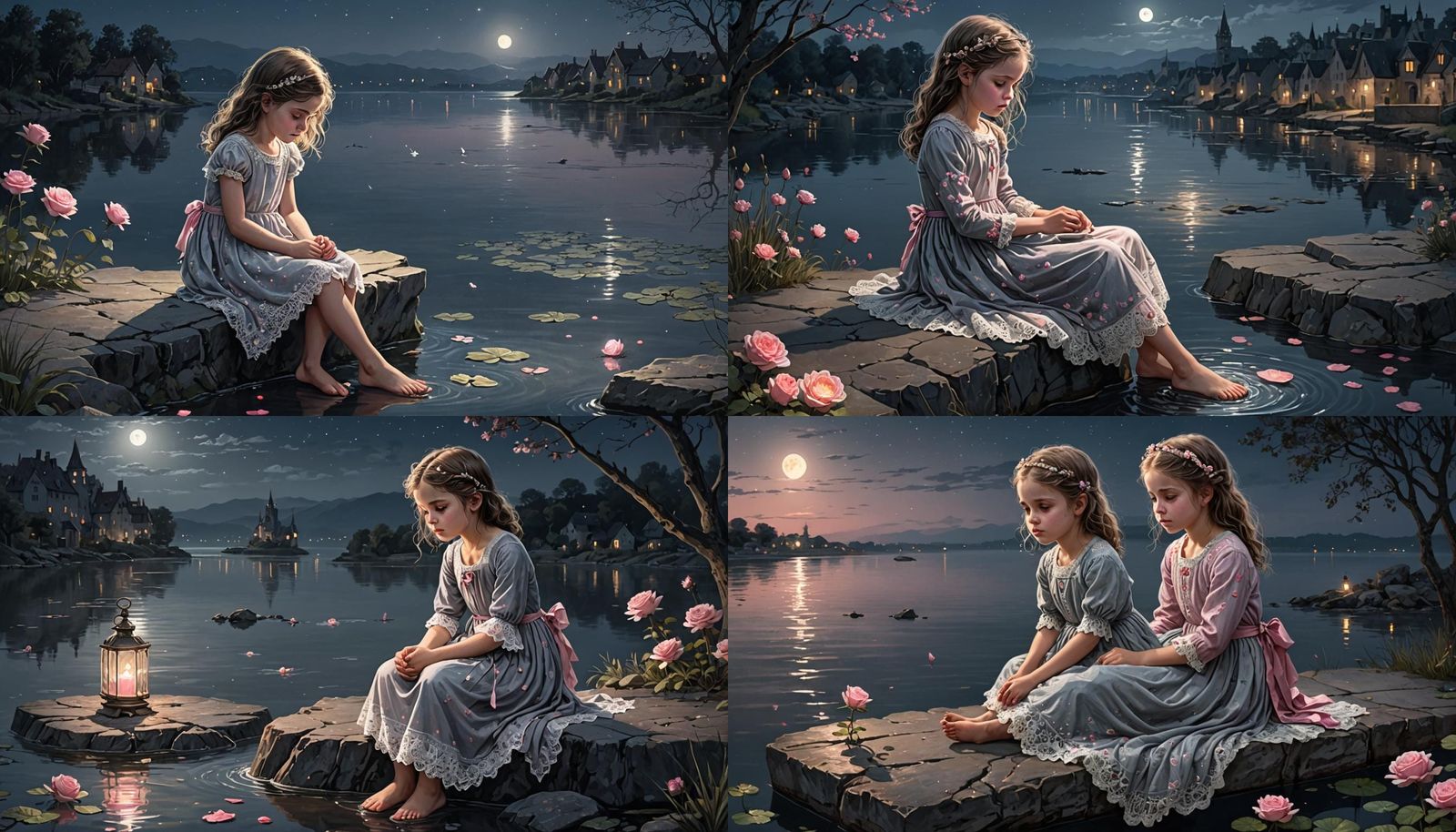 Fantasy Illustration: Girl and Mouse Under Starry Night