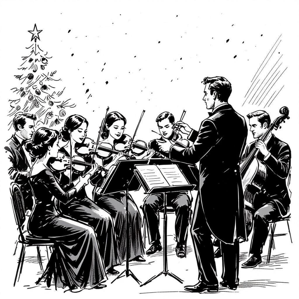 Black and White Sketch of Women's Orchestra and Male Directo...