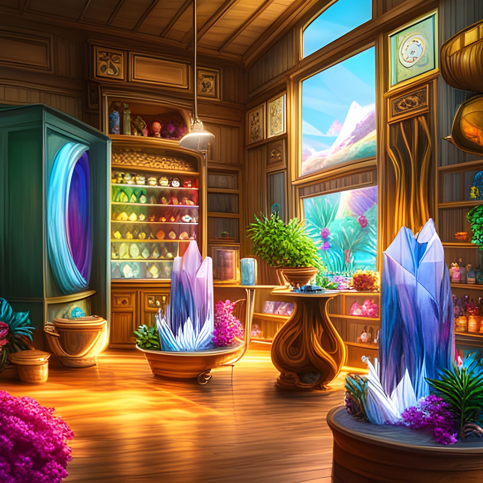 Magical Crystal Shop Interior: Hyperrealistic Colorful Displ...
