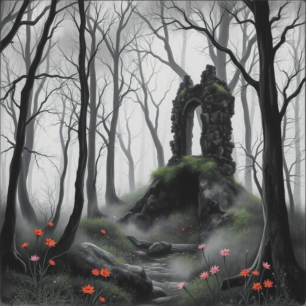 Whimsical Ruin Hidden in Enchanted Forest Glade