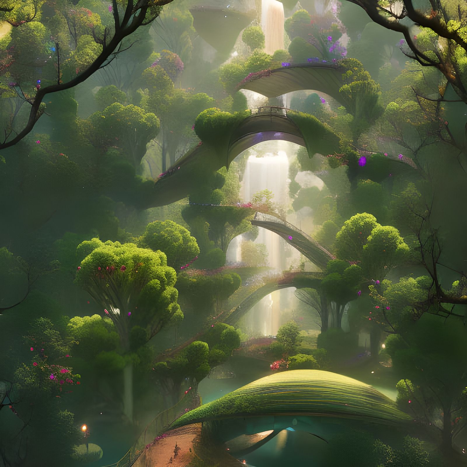 Lush Garden Scene with Magical Surrealism