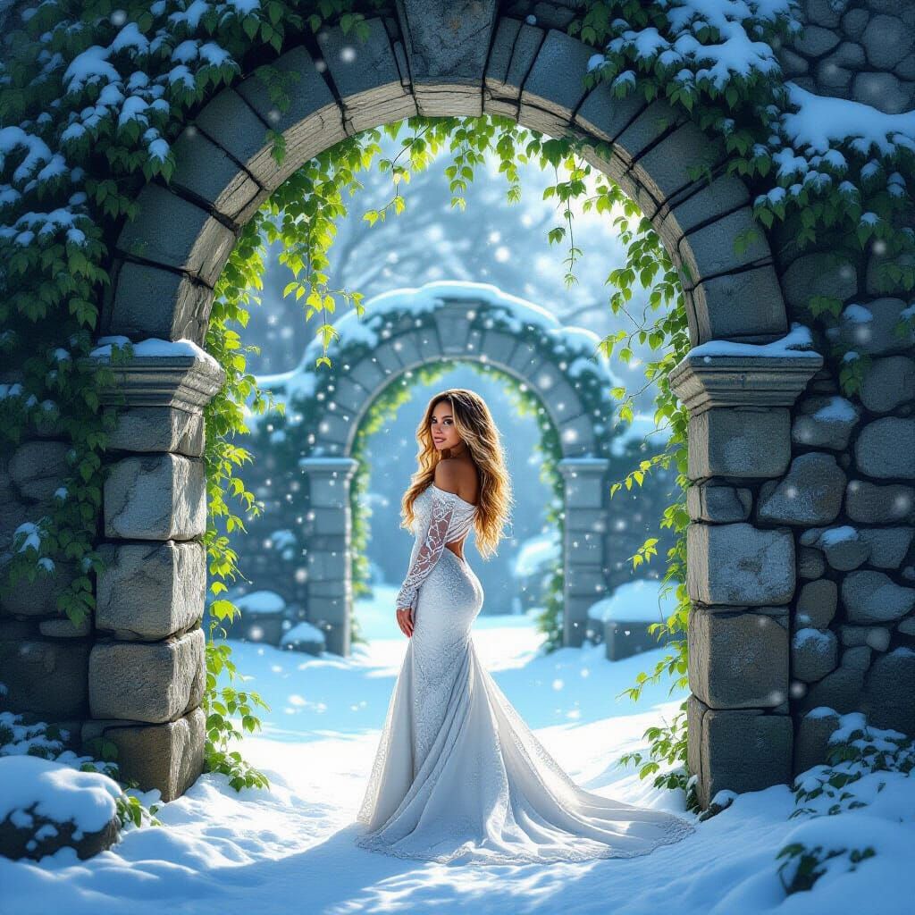 Mariah Carey in Snowy Archway, Hyperrealistic Digital Painti...