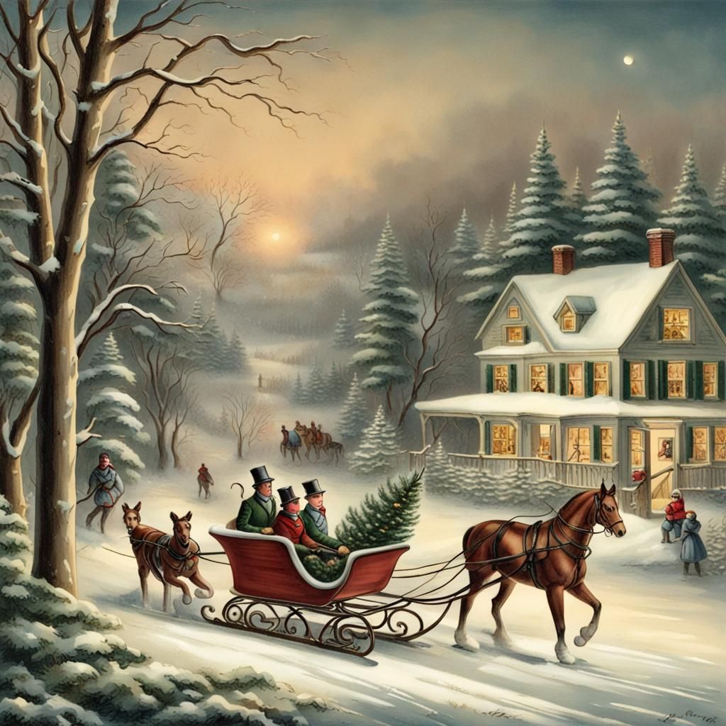 Currier and Ives Style Christmas Sleigh Ride