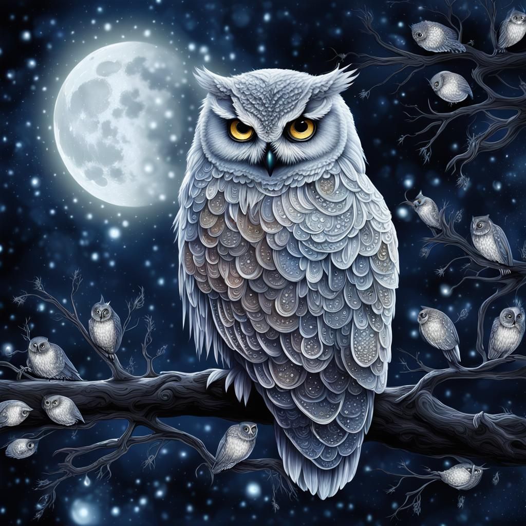 Fabulous-beauty is more delicate-delicate airy-airy close-up,the night is a huge moon stars,an owl sits on a branch fluf...